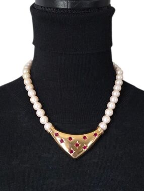 Vintage Signed YSL Faux Pearl & Gold-Tone Bib Necklace with Red Crystals
